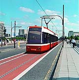 Artist's impression of a modern Tram crossing Waterloo Bridge in London