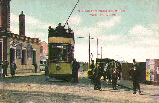 1907 view of SMET tram 49 outside the The Railway Bell Hotel